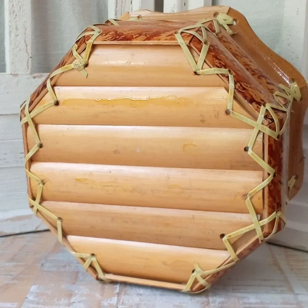MCM Vintage Tortoise Bamboo Bowl Basket Octagon Burnt Woven Boho Centerpiece 50s